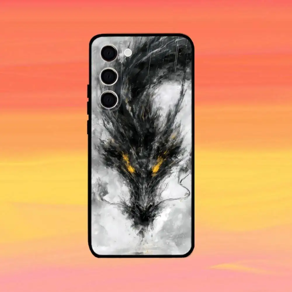 التنين نمط الحبر فرشاة اللوحة حالة الهاتف لسامسونج غالاكسي A73، A72، A71، A70، A53، A52، A51، أخرى غطاء أسود ناعم #2