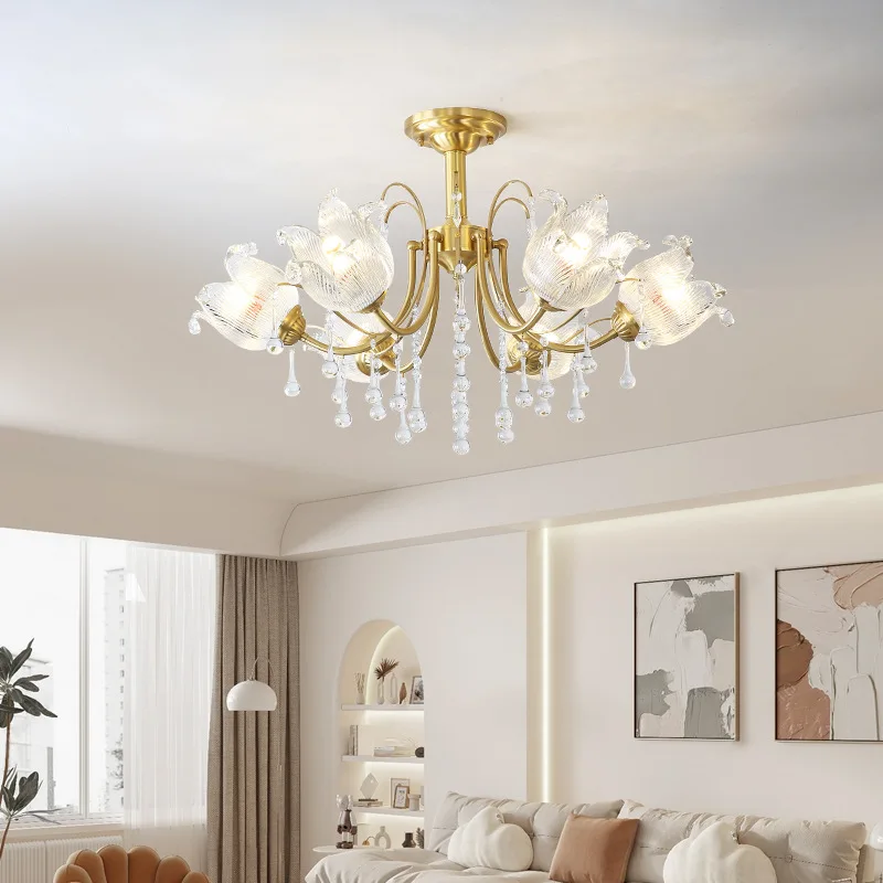 

Light Luxury Full Copper Crystal Ceiling Chandeliers LED Lights Flower Lampshade Fixtures Bedroom Restaurant Villa Kitchen Decor