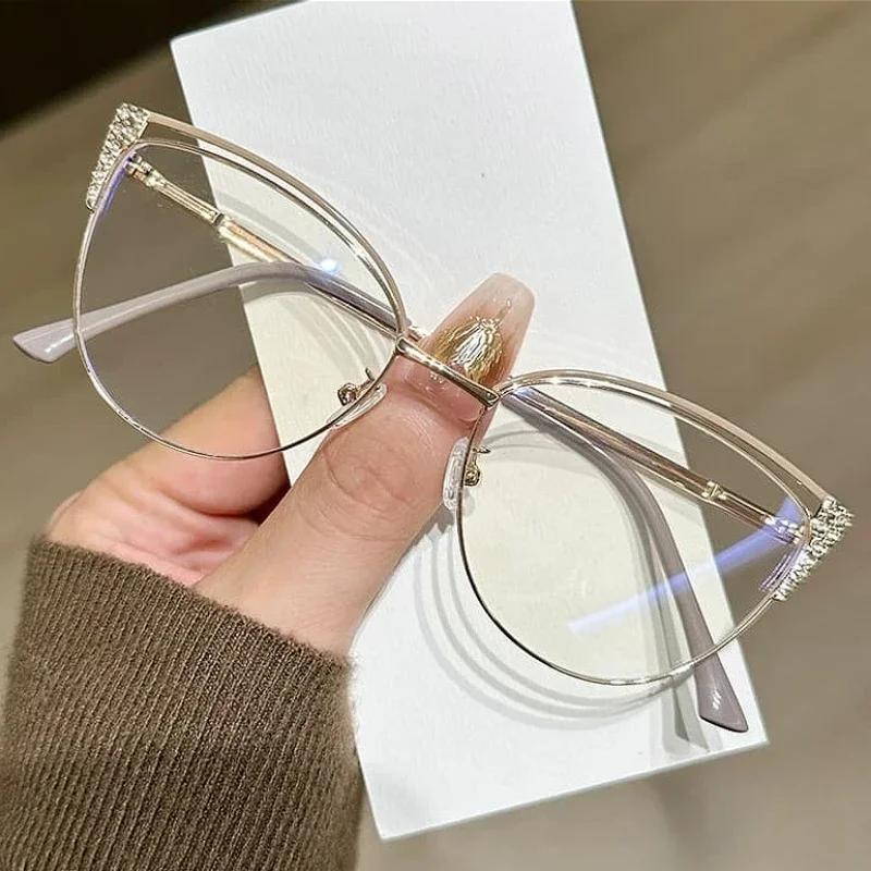 Nowe Metalowe Okulary Optyczne w Kształcie Kociego Oka Modne Retro Damskie Ozdobne Okulary Biurowe Komputerowe Anty Niebieskie Światło