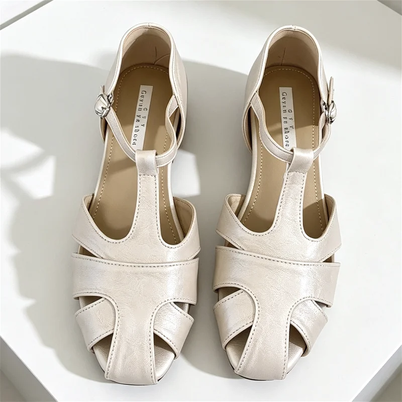 Concise Hollow T-Strap Design Roman Sandals for Ladies Fashion Square-Toe Adjustable Metal Buckle Flats Shoes Casual Summer Shoe