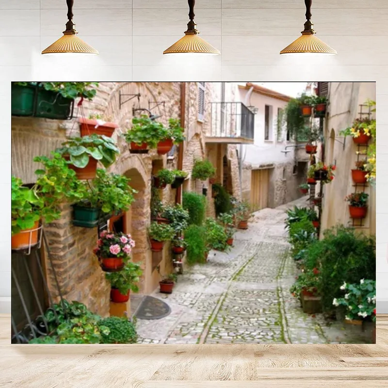 Italian Town Street Photography Backdrop Spring Flowers Medieval Architecture Summer Holiday Travel Europe Photo Background