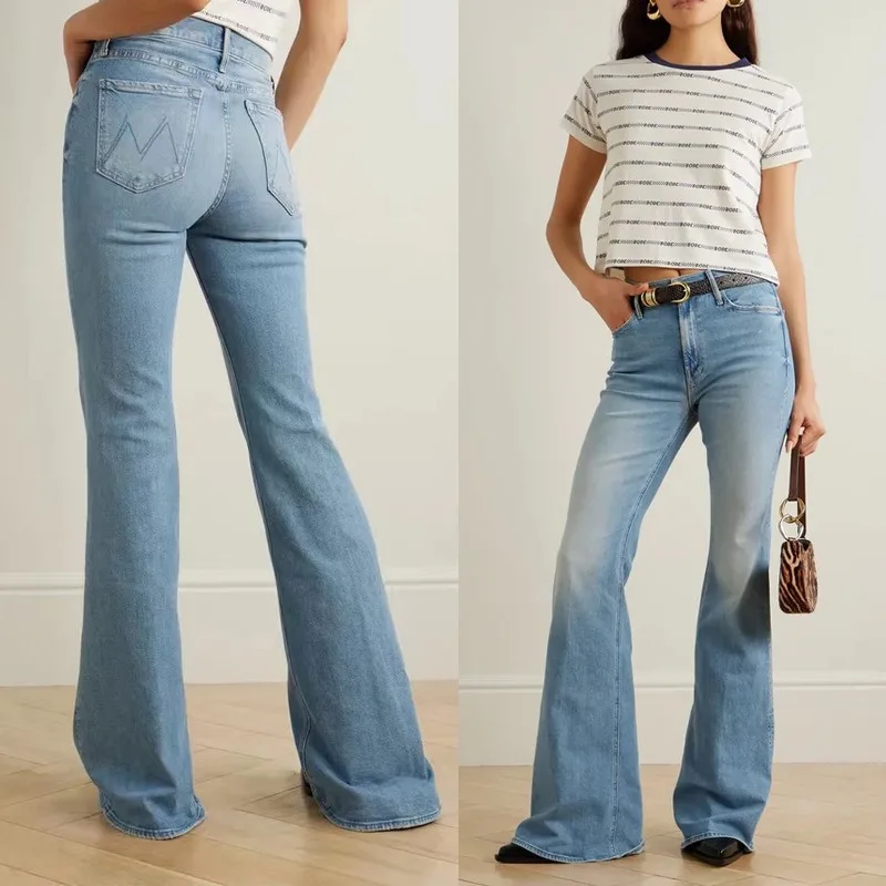 

2025 Spring/Summer women New High Waist Elastic Light Blue flared wide-leg denim jeans Pants