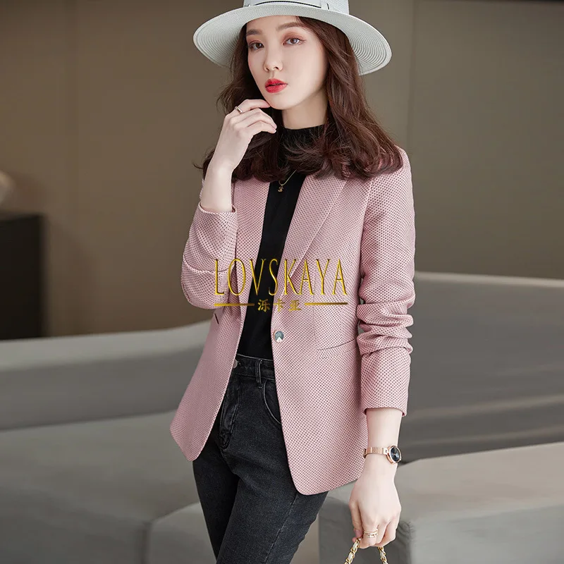 Qianniao-Chaqueta de manga larga para mujer, traje pequeño a cuadros, ropa profesional coreana, color rosa