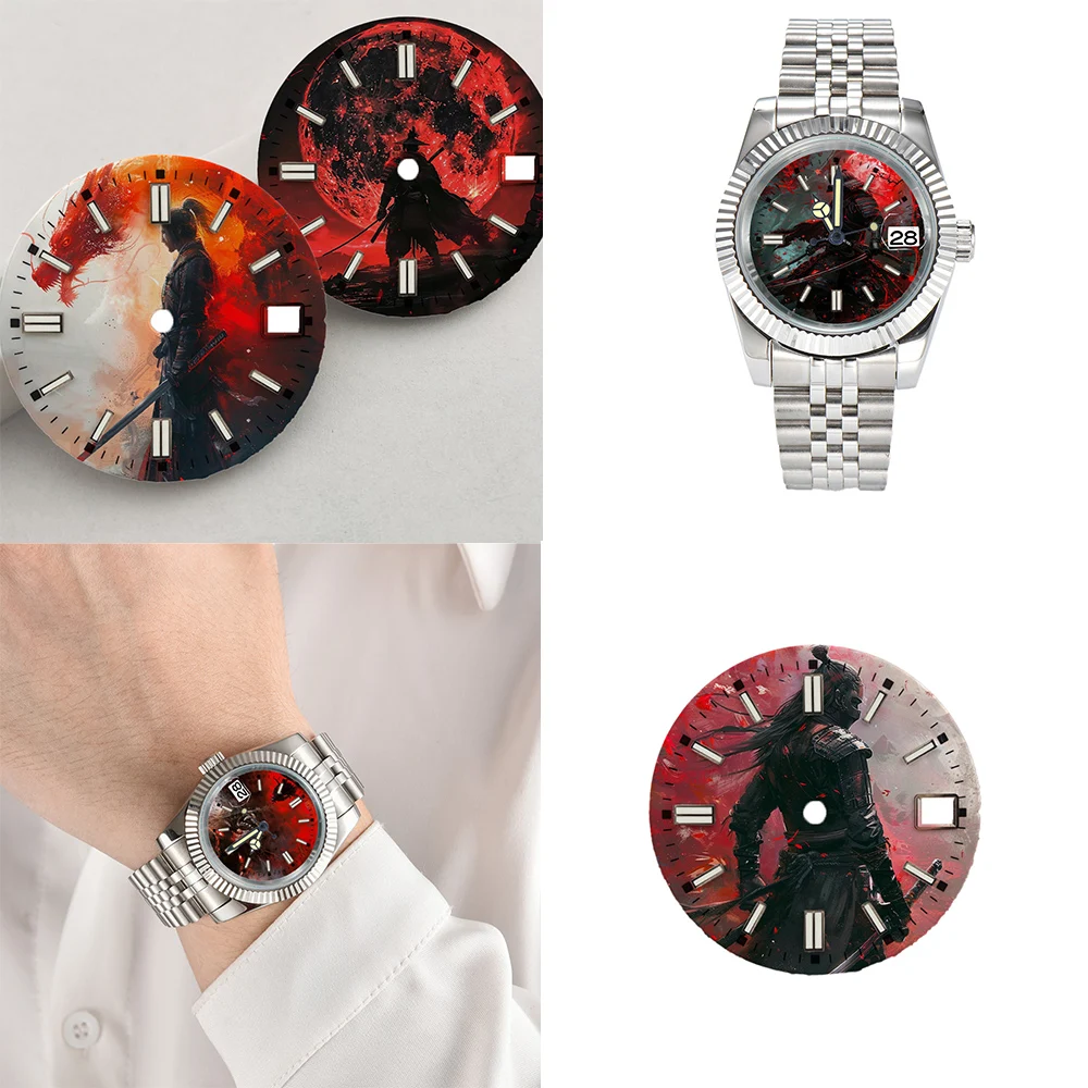 時計文字盤-285mm-水墨画侍カスタム文字盤カラー印刷時計部品はnh35-36ムーブメントnh35文字盤に適しています