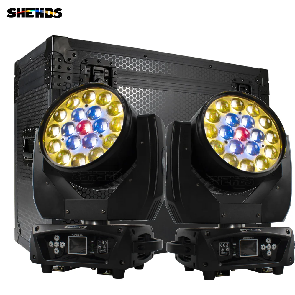 shehds pcs 19x15w rgbw led wash mais zoom feixe moving head iluminacao com flightcase para dj disco ktv bar boate concerto 01