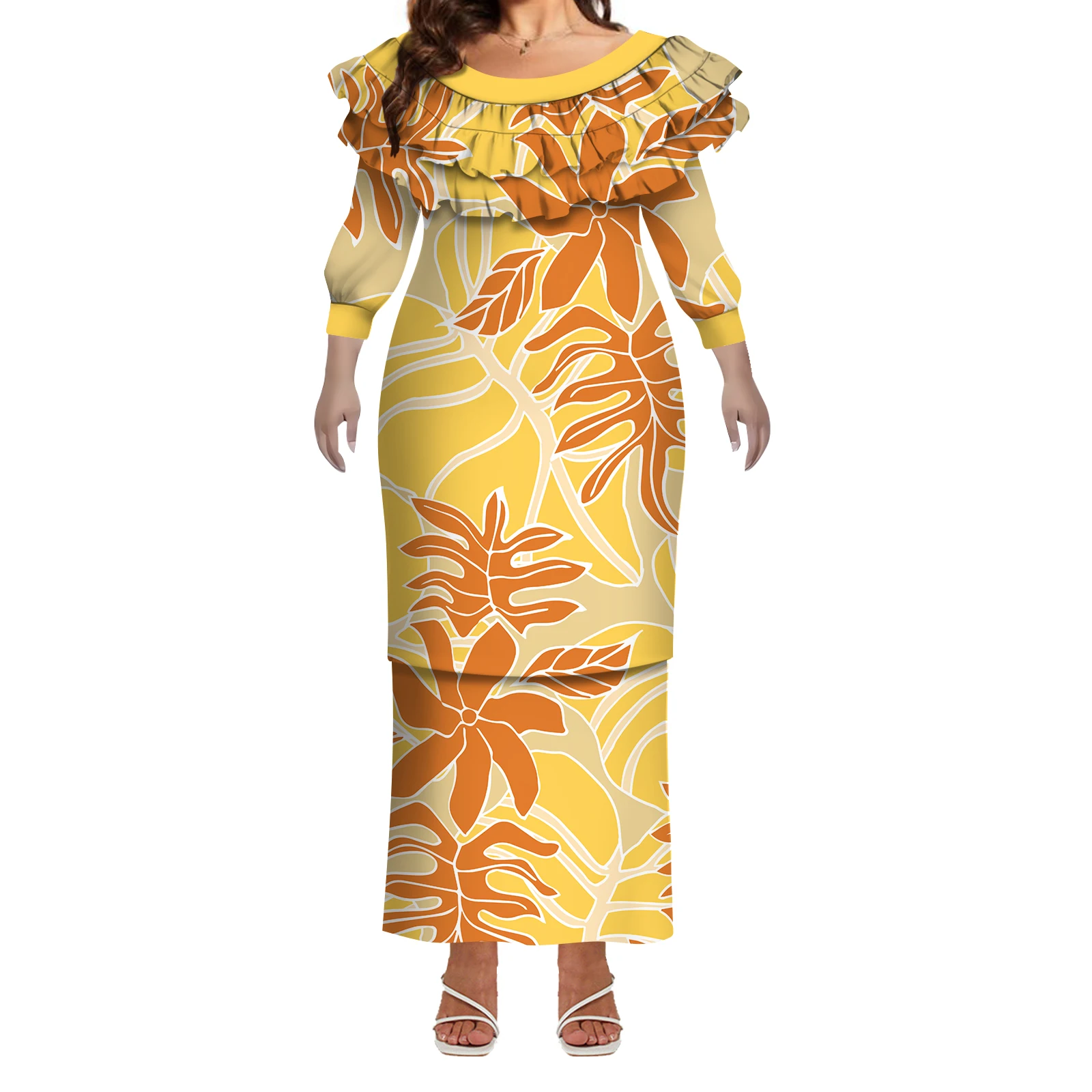 Vestido feminino polinésio, confortável e casual, camada dupla, babados, manga média, feito sob medida, pulôverasi, vestido justo