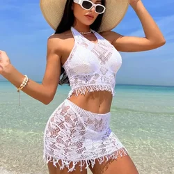 2 szt. Seksowne kobiety kabaretki Cover Ups Hollow Out Bodycon damskie stroje kąpielowe przezroczysta sukienka z frędzlami bez kostiumu kąpielowego bikini