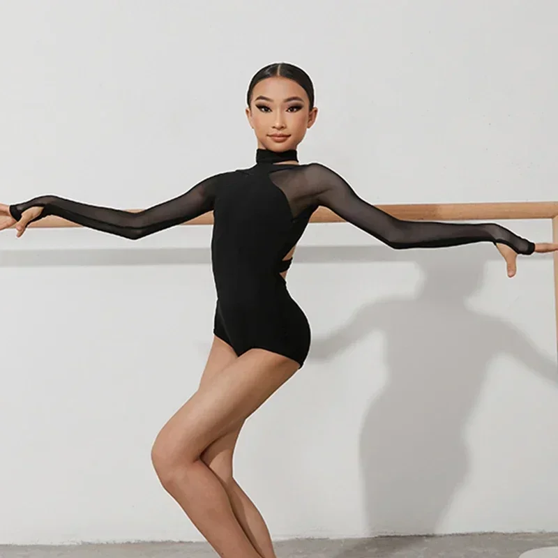 بدلة قفز لملابس الرقص اللاتينية للأطفال للفتيات بأكمام طويلة ملابس يوتار لاتينية لقاعة الرقص ملابس أداء تشا تشا