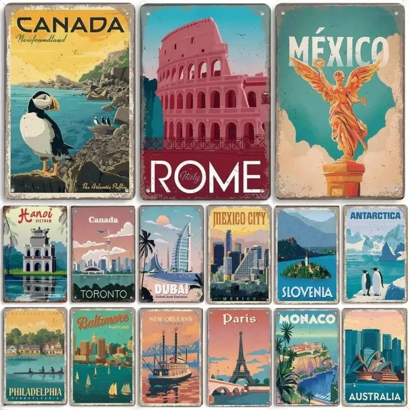 Vintage Capital City Scenery Tin Sign Metal Plate Mexico Greece Canada Dubai Metal Poster for Cafe Bar Club Pub Home Wall Decor