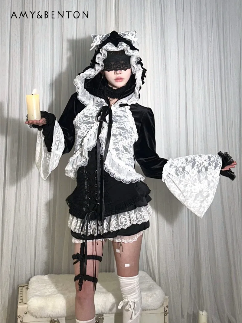 Cardigan court gothique en dentelle pour fille, manches cloche imprimées, à volants, col en v, Style Lolita japonais, tricoté à capuche, fin