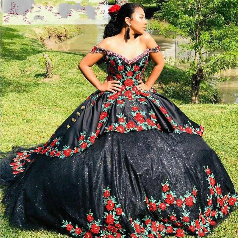 Black Mexican Theme Sweet 16 Dress Floral Embroidered Off the Shoulder Ball Gown Quinceanera Vestidos de quinceañera