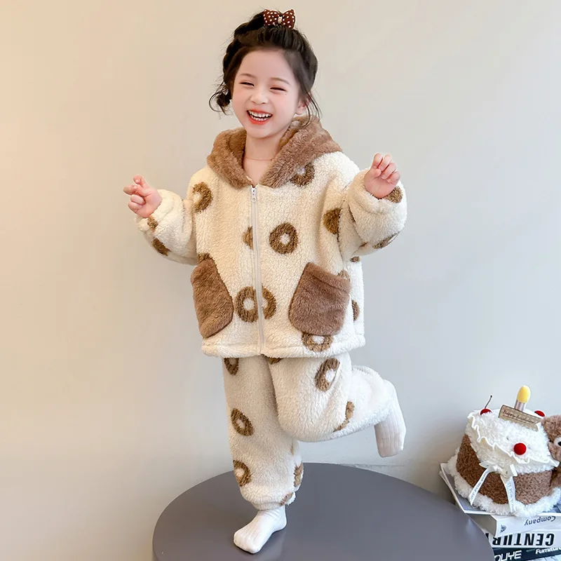 

Winter Children Girls 2PCS Clothes Set Cotton Rabbit Ear Hooded Thick Warm Zipper Coat Suit Korean Contrast Homewear Pant Outfit