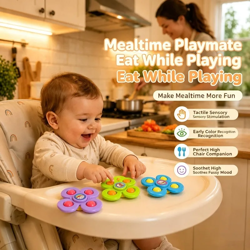 1pc Flower Suction Cup Spinning Toy, Baby Bath Table Chair Sensory Toy, Fine Motor Skills Color Learning, Birthday Gift for Kids