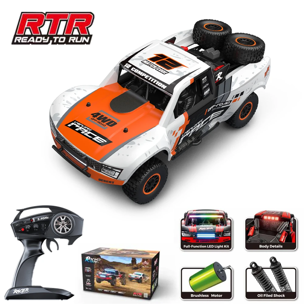 Coche RC 1/14 Q130 Desert 4WD Sin Escobillas – Camión Todoterreno De Alta Velocidad Con Diferencial De Metal Y Luces LED, Naranja