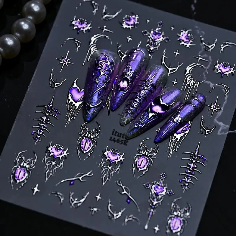 Purple Cat's-eye Spider Foil Stamping Nail Stickers 3D Lava-style Cutout Heart Nail Decals Self-adhesive Halloween Nails