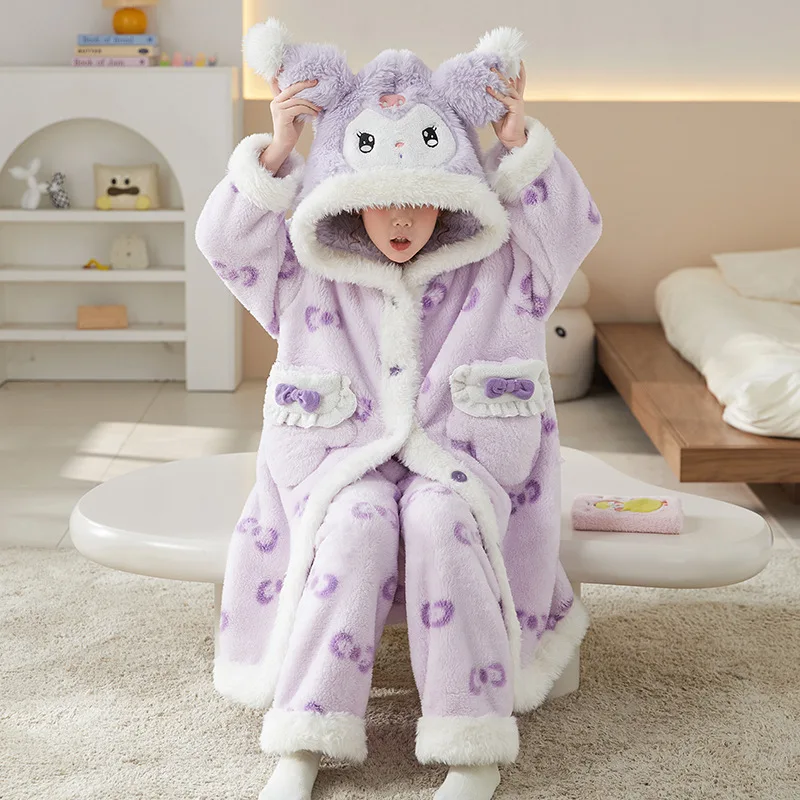 

Новые детские плюшевые пижамы Sanrio Kawaii с героями мультфильмов, аниме, коралловый флис с капюшоном, утепленная теплая зимняя одежда для родителей и детей, домашняя одежда