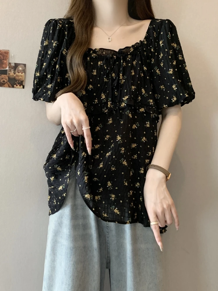 

Floral Bubble Sleeve Shirt Women's Summer plus Size Slimming Square Collar Skirt Style Top Belly Covering Doll Shirt