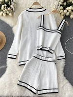 SINGREINY Autumn Knitwear 3PC Sets Long Sleeves Cardigan+Single Breasted Spaghetti Strap+High Waist Elastic Shorts Casual Suits - Image 3
