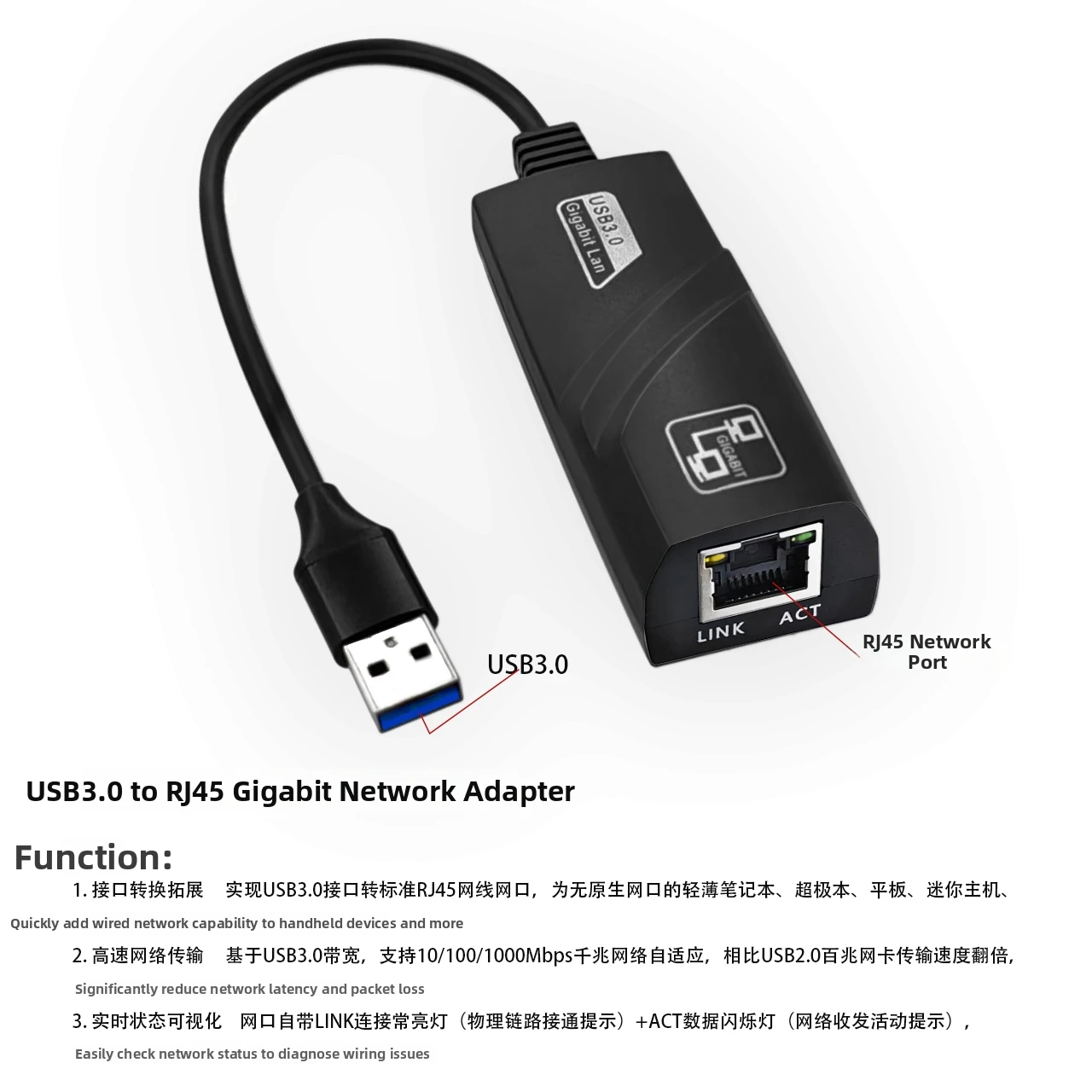 USB 3.0 Gigabit Ethernet Adapter 1000Mbps RJ45 Network Card, Plug & Play for Ultrabook, Slim Laptops & MacBook Without Built‑in
