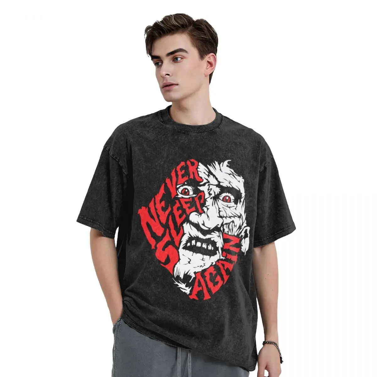Halloween horrify Harajuku 100% Cotton Oversized Tshirt,Freddy Krueger Never Sleep Again Summer Loose Washed Tops T-Shirt