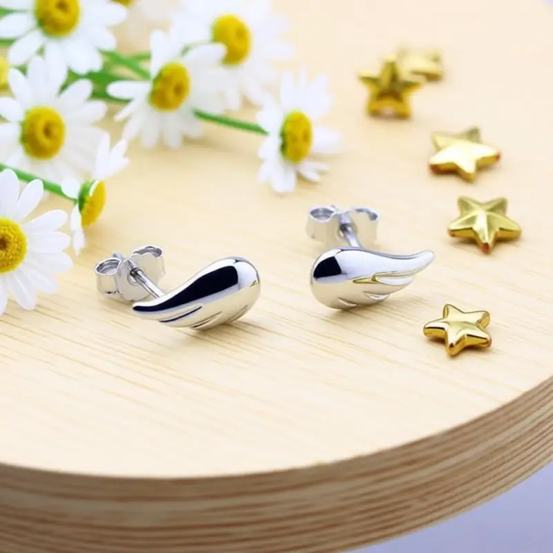 Simple 925 Sterling Silver Angle Wings Shape Stud Earrings For Woman Girls Engagement Party Fashion Jewelry Gift Accessory