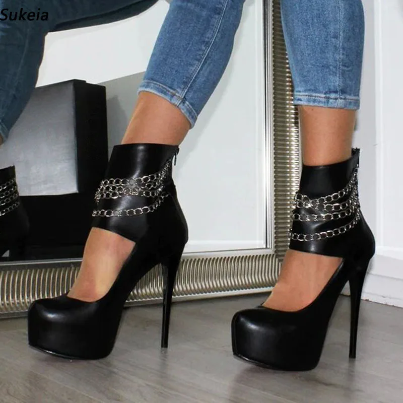 Sukeia New Women Pumps Faux Leather Sexy Chain Round Toe Stiletto Heels Black Party Shoes Ladies US Plus Size 5-20