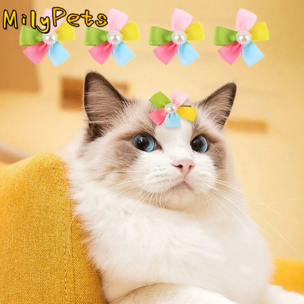 

10pcs Lovely Colorful Flowers Pet Hairpin with Pearl Five Petal Flower Pet Hair Clip Exquisite Dogs Headwear Pet Dress Up Tool