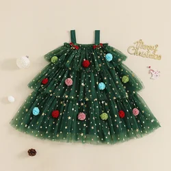 1-6Y Little Girl Christmas Dress Star Print Square Neck Sleeveless Layered Tulle Mesh Dress Kids Princess Dress Xmas Costume