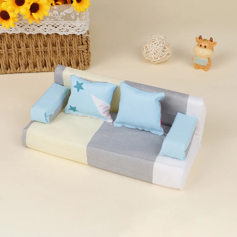1Set Random Dollhouse Small Floral Fabric Long Sofa With 2Pcs Pillows Doll House Furniture Decor Toy Accessories-Toy
