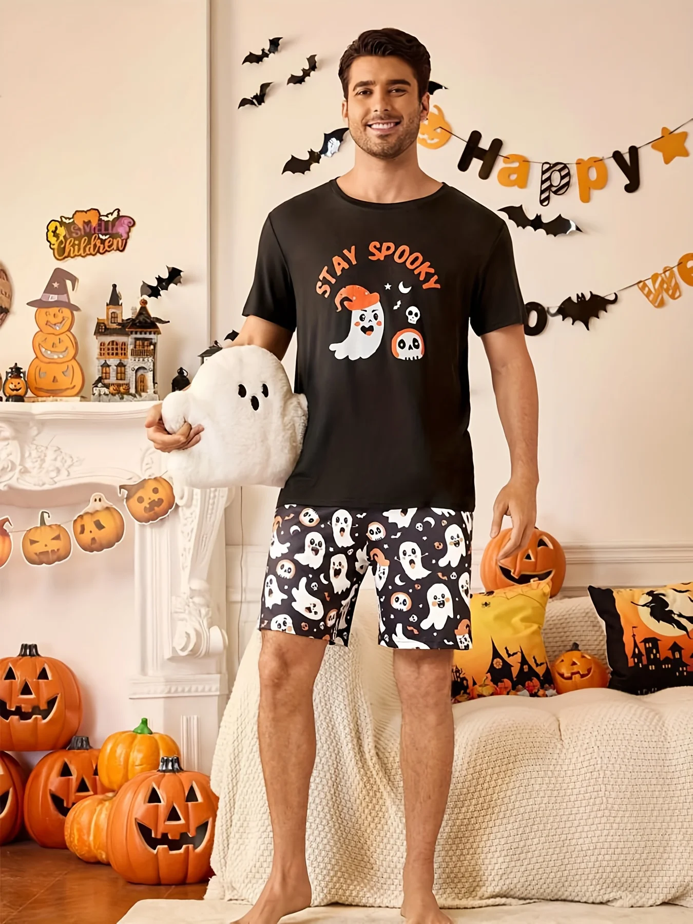 

【 Halloween Themed Edition 】 Men's letter-printed round-neck short-sleeved T-shirt and shorts pajama set, Halloween costumes