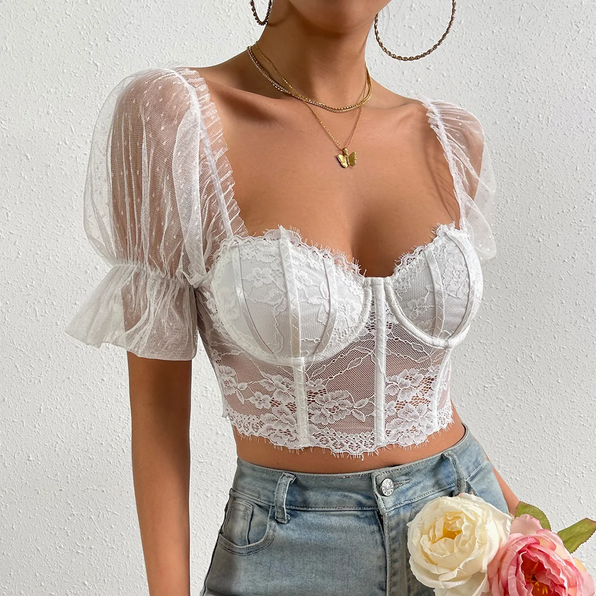 Vemina Korean Fashion Bare Shoulder Sexy Vneck Slim Crop Top,Mesh Sheer Puff sleeve Lace Embroidery Hollow Out Backless Blouses