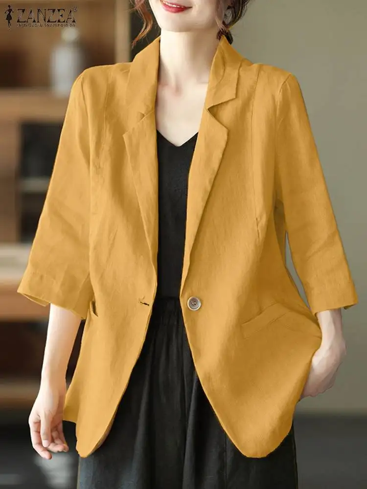 2024 ZANZEA Women Spring Lapel Neck 3/4 Sleeve Solid Cotton Blazer Thin Coats Summer Vintage Loose Work Suits Casual Outwear