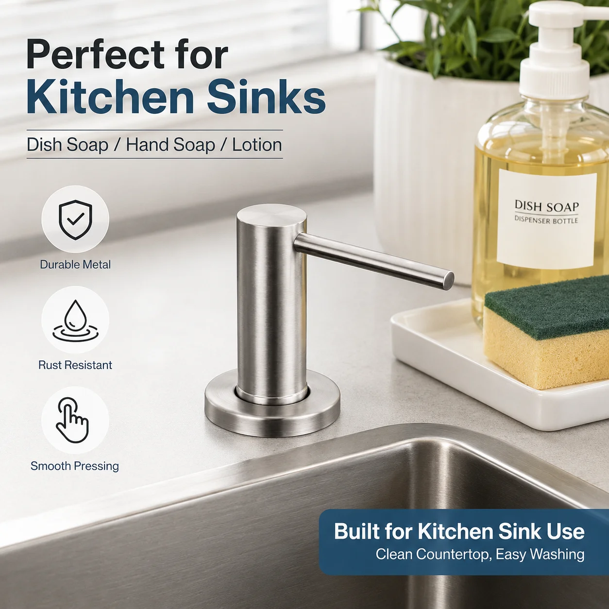 Kitchen Sink Soap Dispenser Stainless Steel Refillable Pump 17oz Bottle Built-In Design