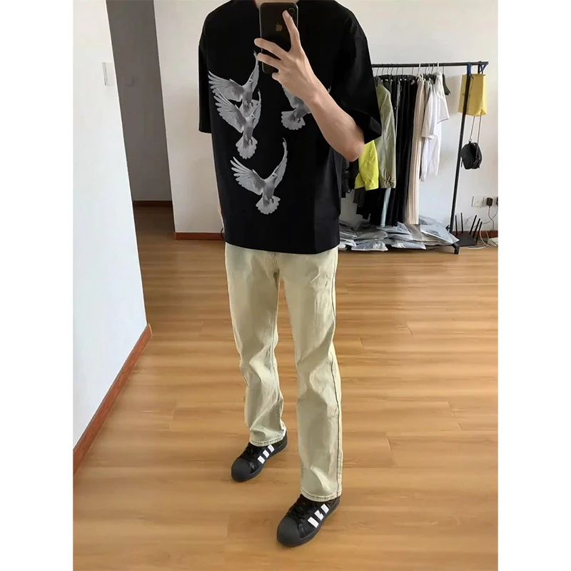 

Slimming Straight Leg Men's Jeans Yellow Mud Color Bent Knife Summer American High Street Vibe Elastic Bell Bot
