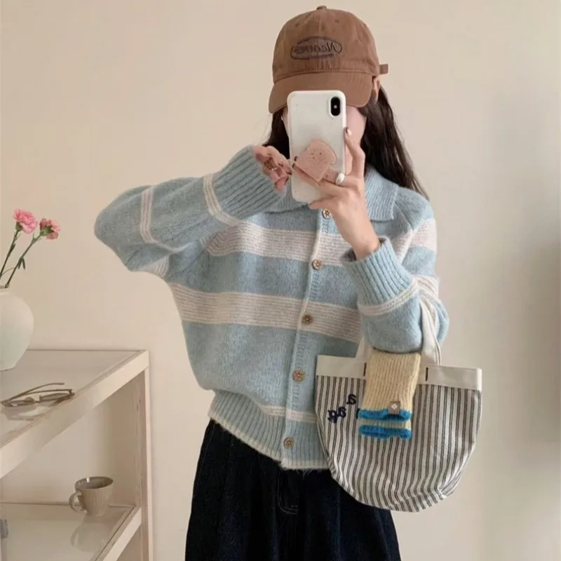 

Korean Retro Soft Sticky Color-blocking Sweater Women's Coat New Spring Autumn Style Striped Lapel Knitted Cardigan for Women