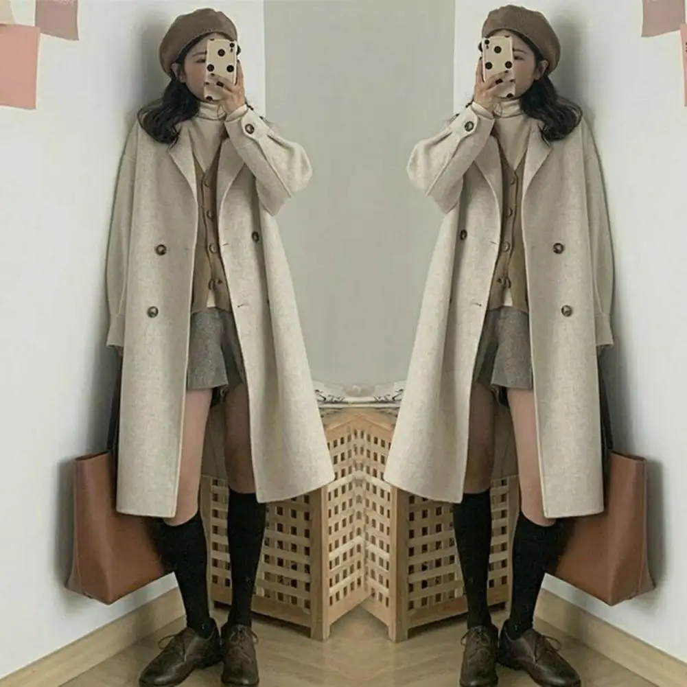 Женская шерстяная ветровка, стильное женское зимнее пальто с отложным воротником, двубортные дизайнерские карманы для поездок на работу