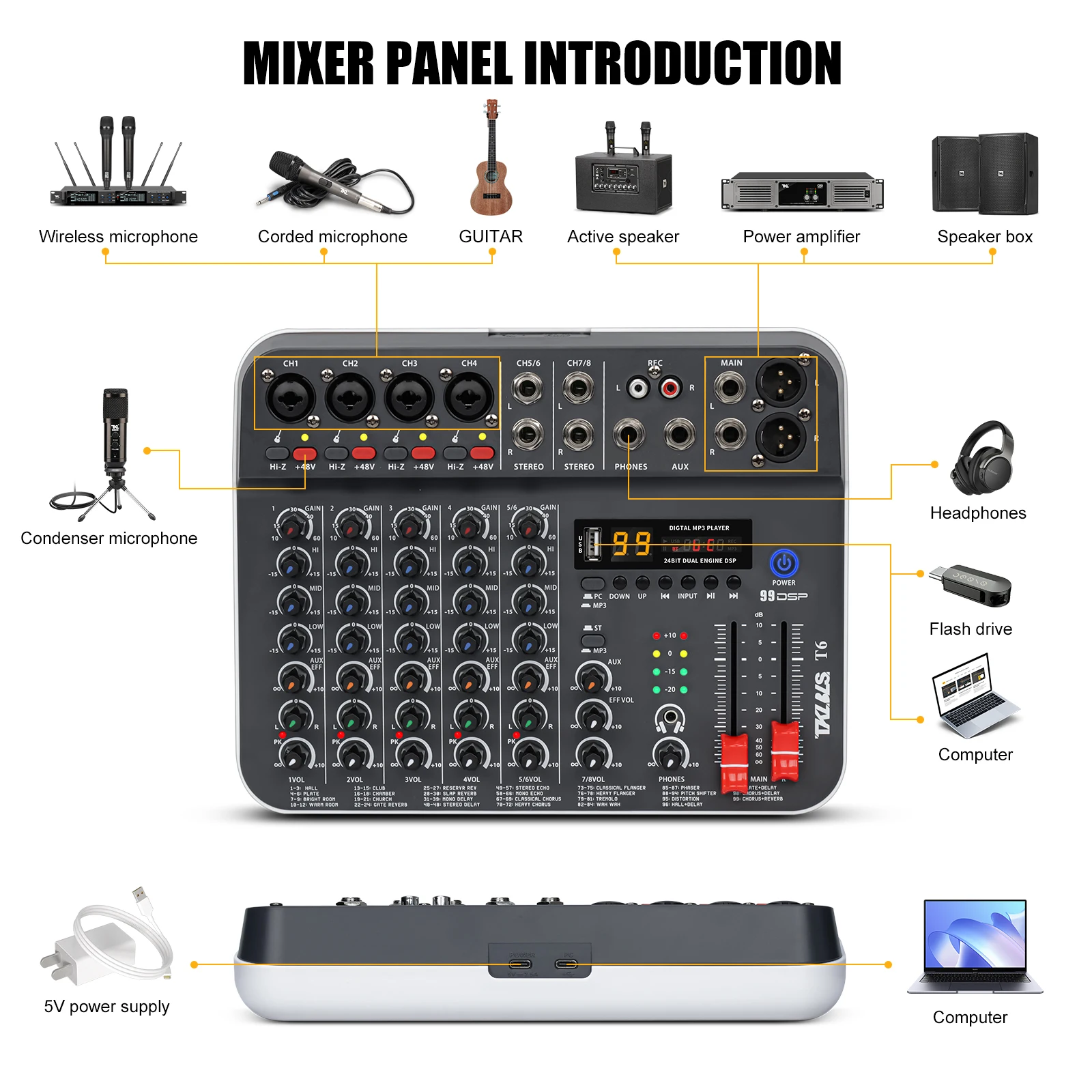 TKLBLS T6 6채널 오디오 믹서 블루투스 USB XLR RCA 인터페이스 48V 팬텀 파워 99 DSP 효과 스테이지 KTV 라이브 쇼