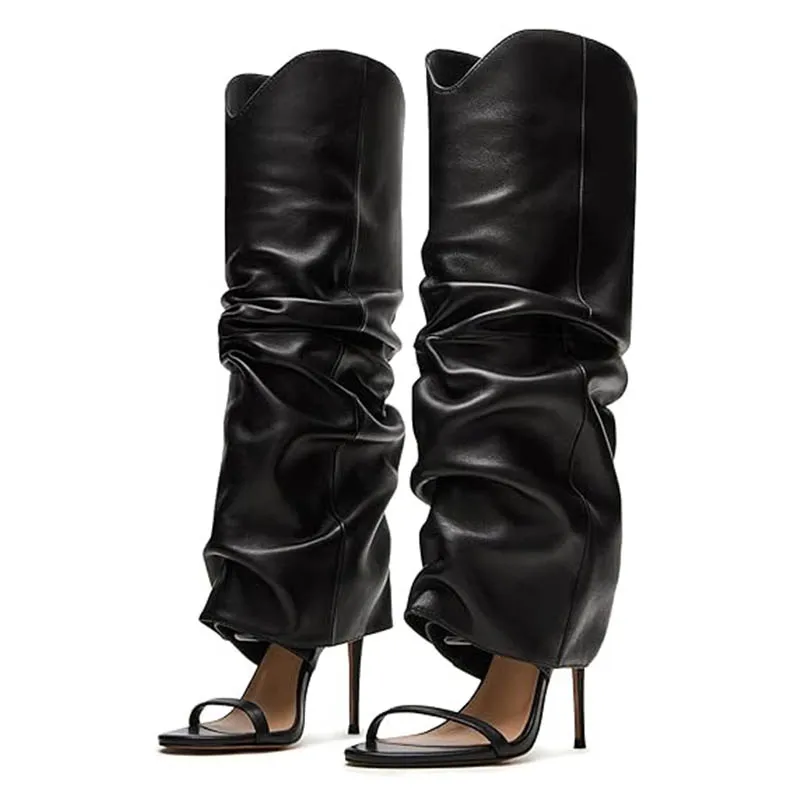

Женские осенне-летние сапоги с открытым носком, женские сапоги до колена с круглым носком на шпильке, без шнуровки, плиссированные сапоги до колена Botas Mujer