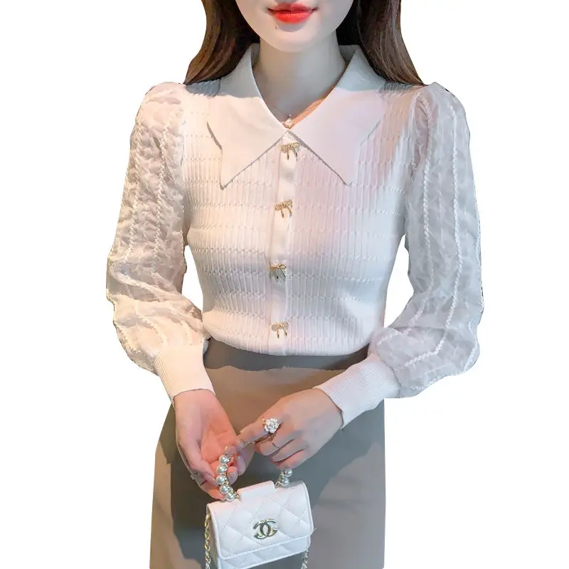 Nuevo Jersey fino ajustado con empalme de manga larga de malla de solapa elegante y hermoso francés