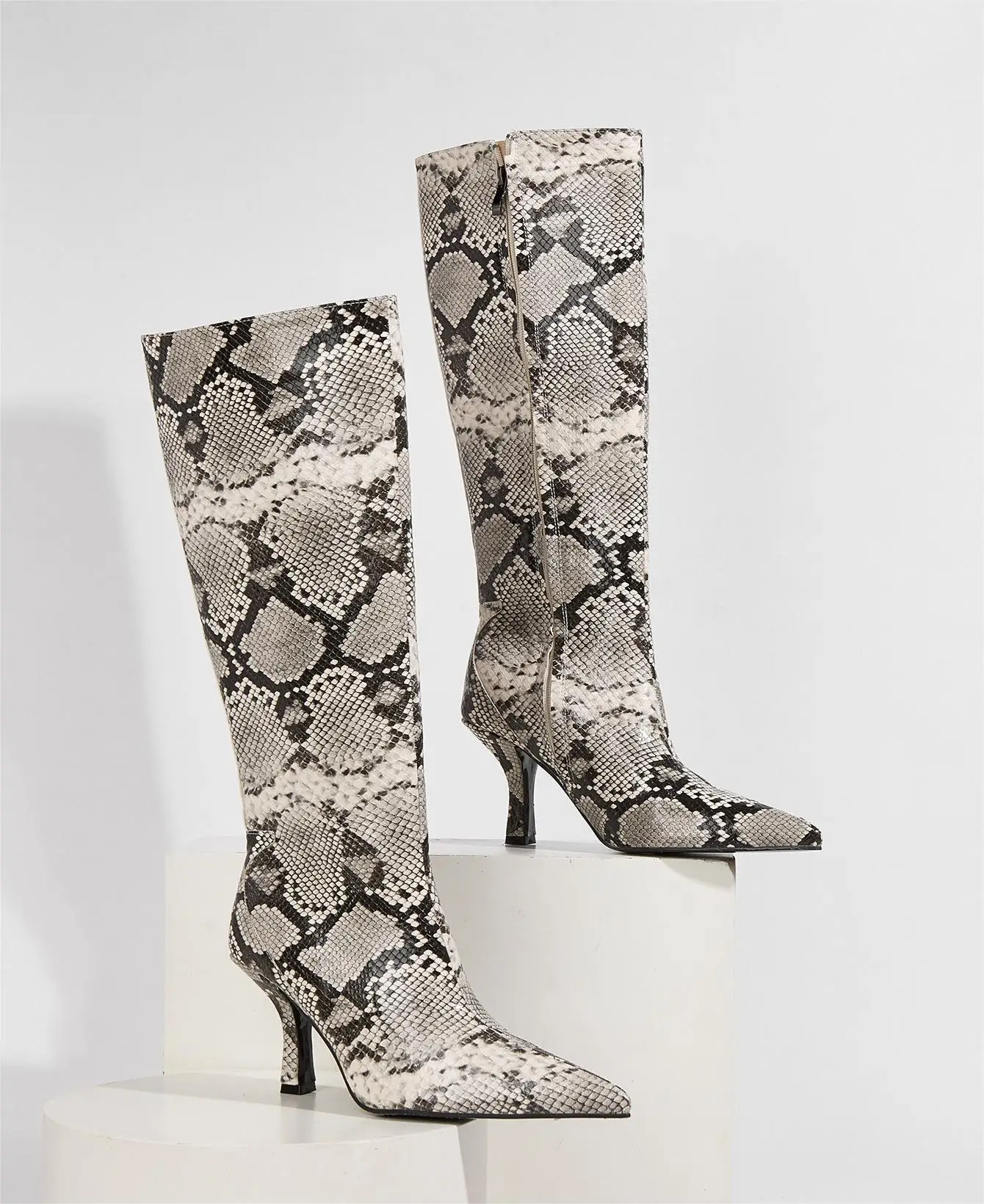 Jinxixi Boots Ladies Knee High Sexy Cow Snake Pattern Medium Heel Size 43 Pointed Toe Zip 2025 Line Dance Party Shoes for Women
