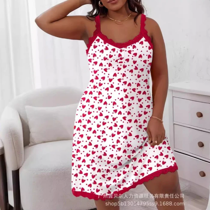 

2024 Summer New Love Print Spliced U-Neck Sleeveless Temperament Hanging Sleeping Dress