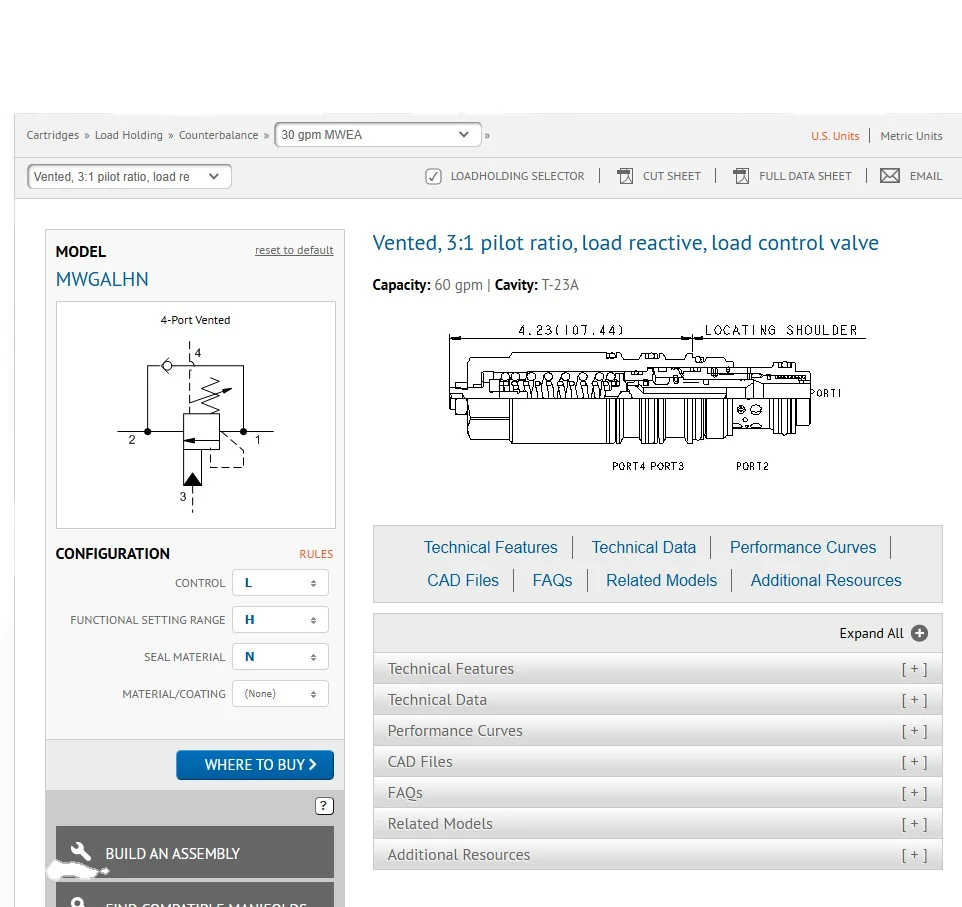MWGALHN MWGA-LHN MWGA LHN MWGALJN MWGA-LJN SUN HYDRAULICS Origin Vented, 3:1 pilot Ratio, Load Reactive, Load Control Valve