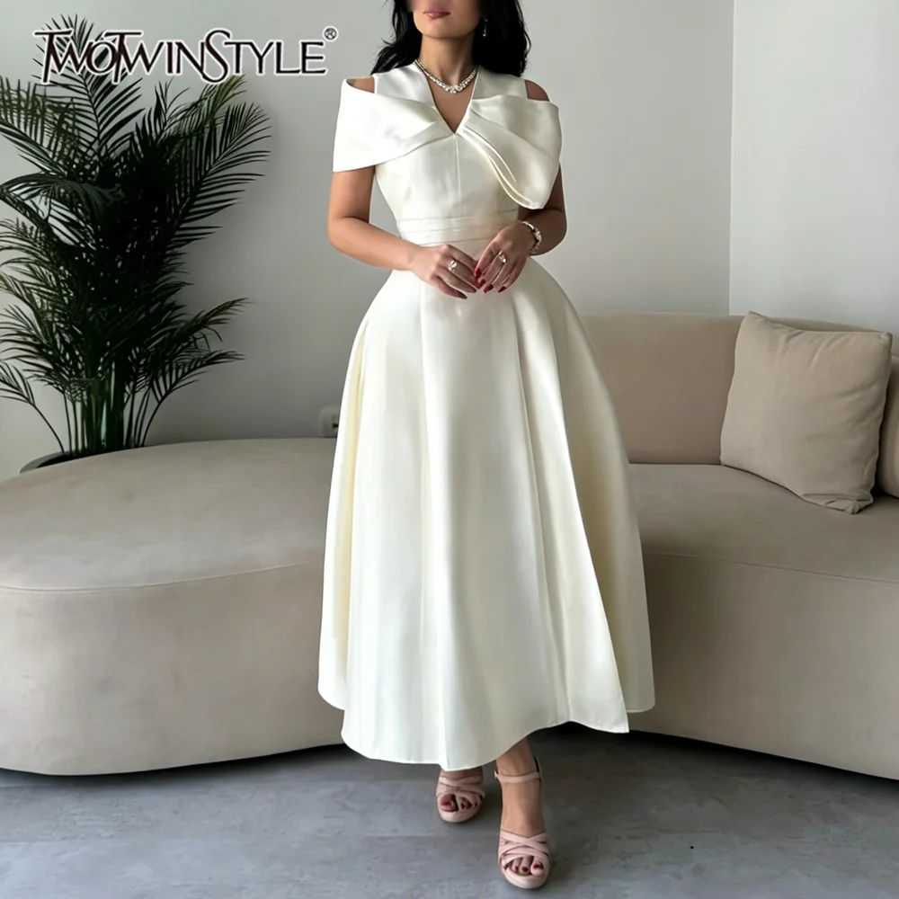 

TWOTWINSTYLE Новое элегантное женское платье с V-образным вырезом, открытыми плечами, пэчворком и вырезами, однотонное, приталенное, с драпировкой