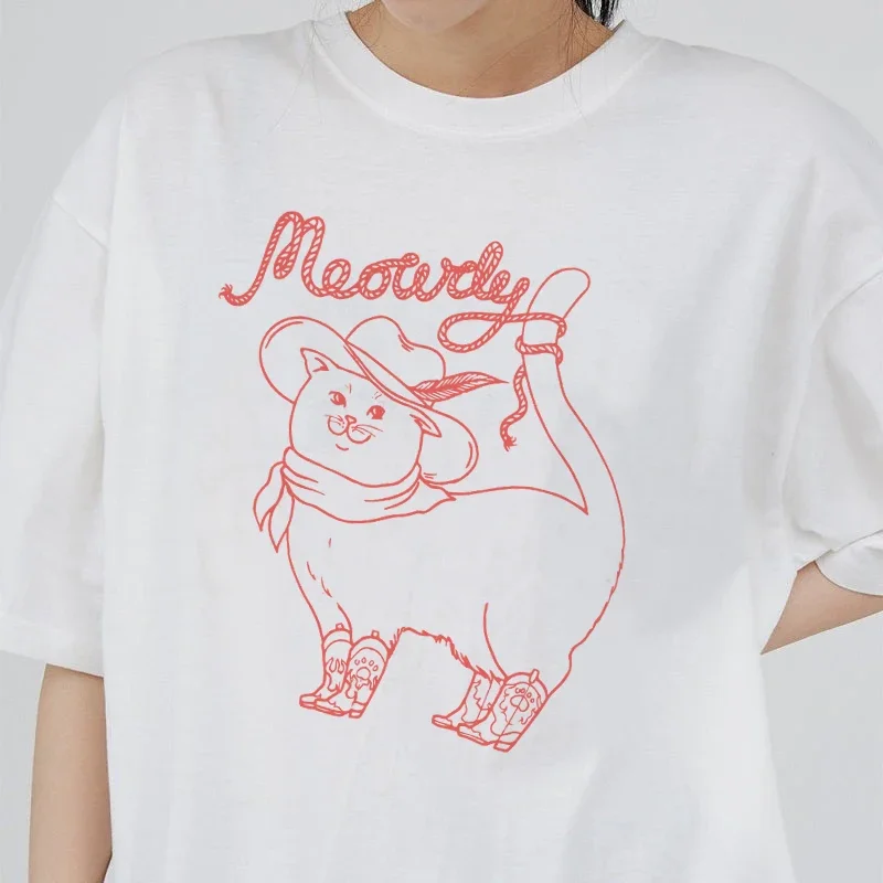 Meowdy Cat Watch Out Short Sleeve T-shirt Cute Cat Print Tops Cat Will Save The World Cartoon Tshirts Casual Tees