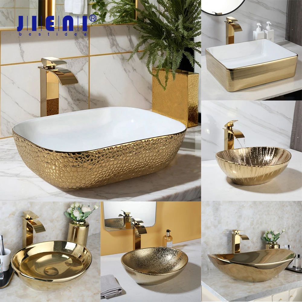 

JIENI Ceramics Bathroom Basin Set Washbasin Golden Waterfall Faucet Pop Up Drain Combo High-end Creativity Countertop Kit