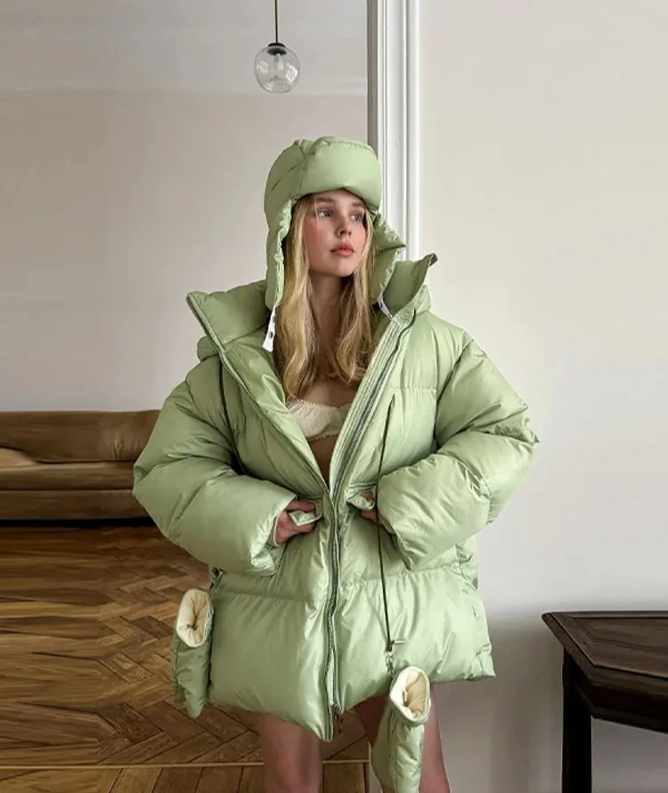 Giacca trapuntata oversize da donna con cappotto con tasca con cerniera a maniche lunghe con colletto alla moda e cappuccio