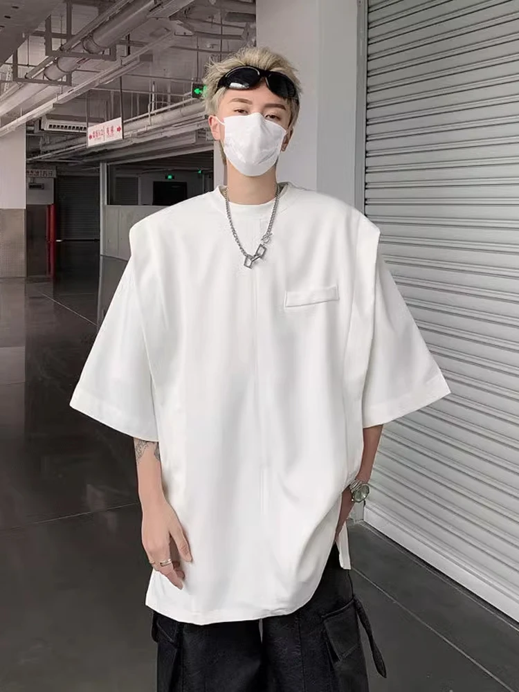 American High Street Fake Two-Piece T-Shirt Men's Trendy Brand Handsome Street Deconstructed Small Design Shoulder Pad Short ...