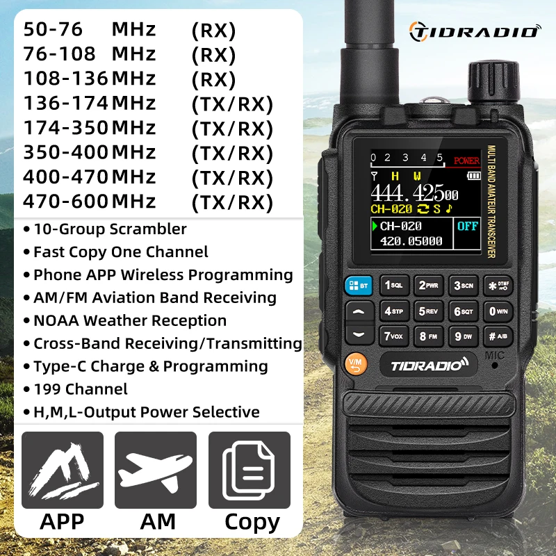 TIDRADIO H3 Long Range Walkie Talkie Phone APP Wireless Programming Air Band GMRS Two Way Radio USB Type-C Programming &Charge