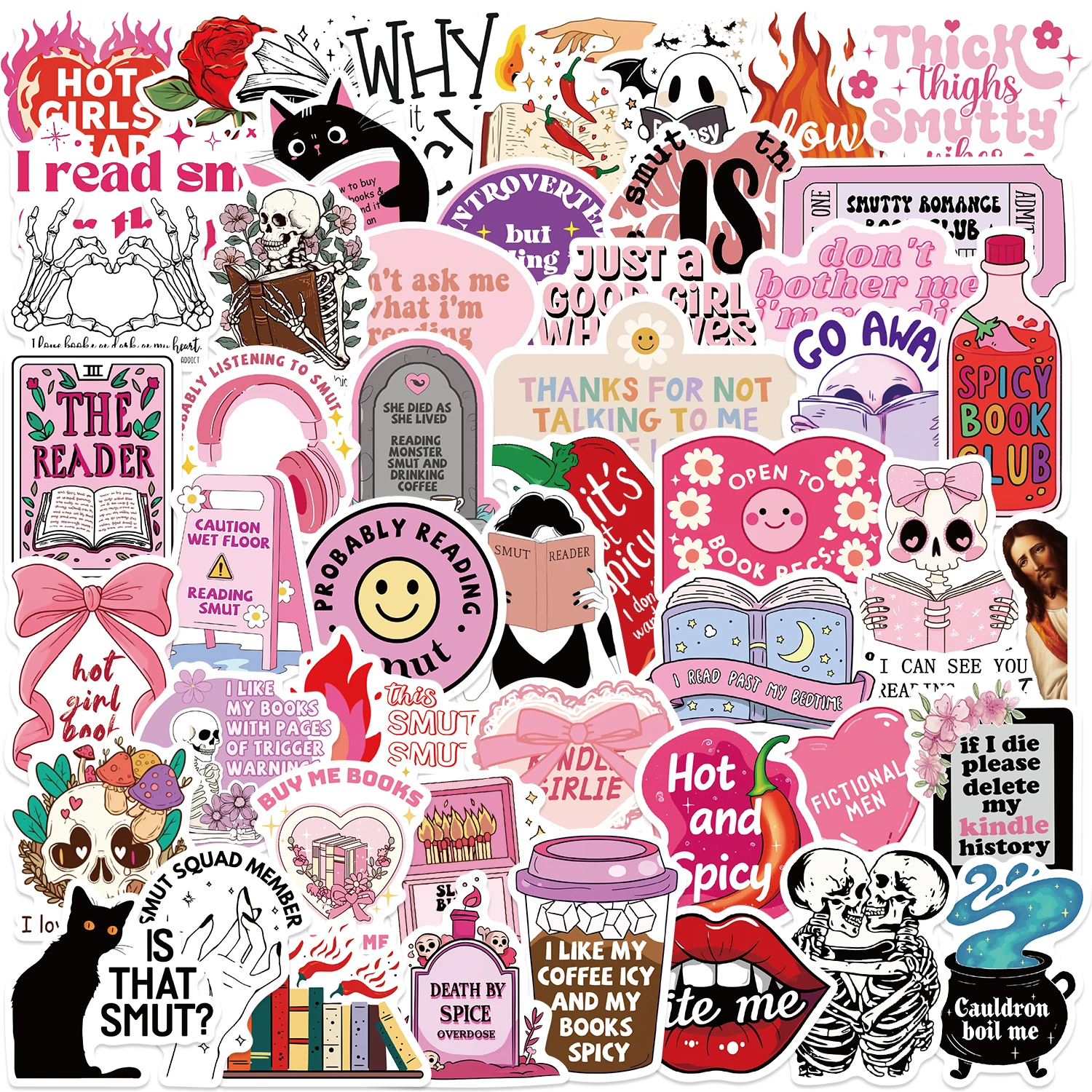 50PCS Pink Smut Bookish Reader Stickers Aesthetic Love Cute Girls Decals for Computer Phone Laptop Diary Decor Sticker Pack