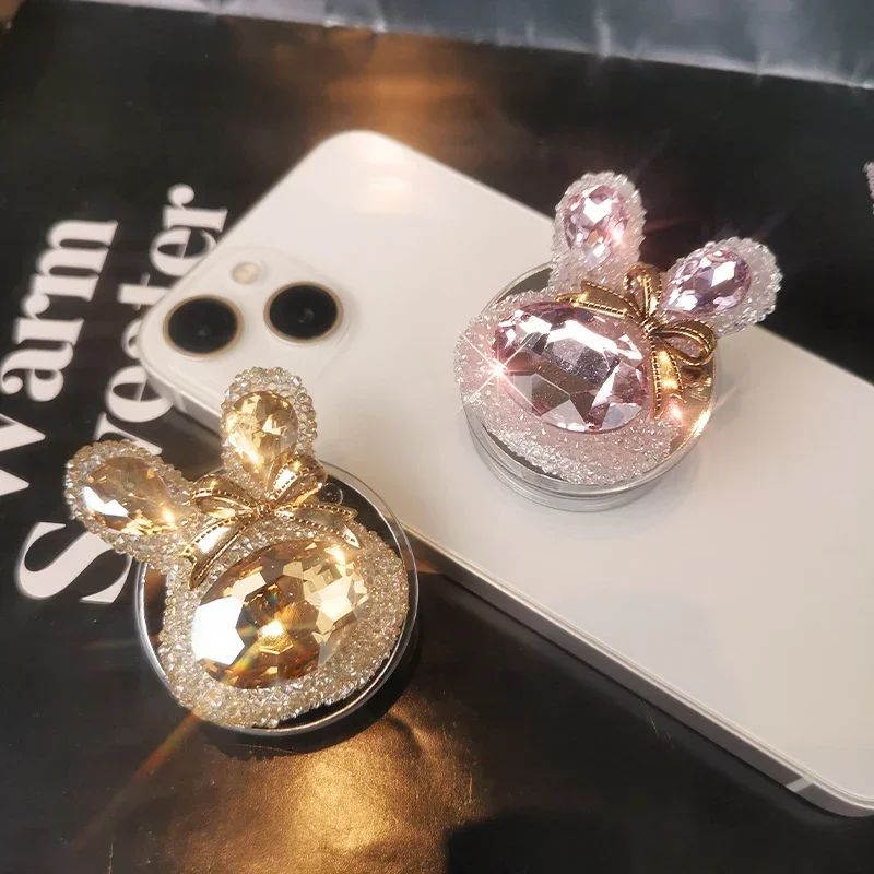 Mobile Phone Holder Crystal Rabbit Head Full Diamond Jewelry Finger Buckle Ring Phone Case Universal Telescopic Support Bracket